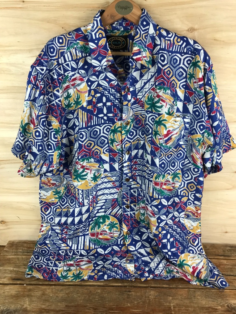Hawaiian Silk Shirt Size M Men's Floral‎ Tropical Button Up Blue Palm Trees